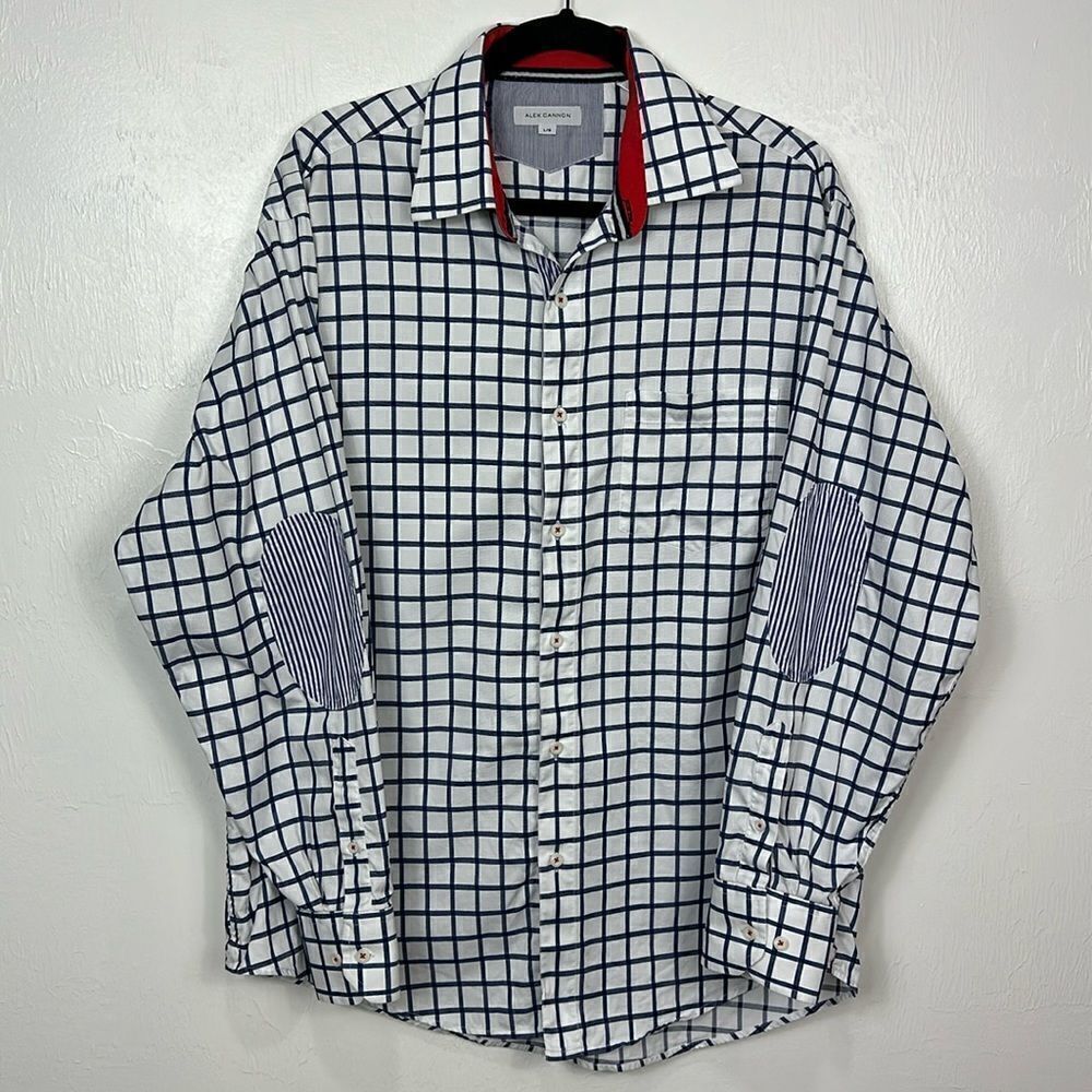 Alex Cannon Cotton Window Pane Elbow Patches Button Down Shirt Size L